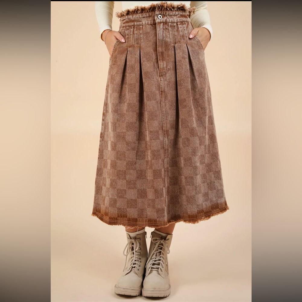 Very J Brown Checked Midi Skirt with Pleats